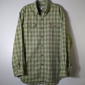 Carhartt Mens Size XL Chambray Long Sleeve Green Plaid Button Up‎ Shirt  M24